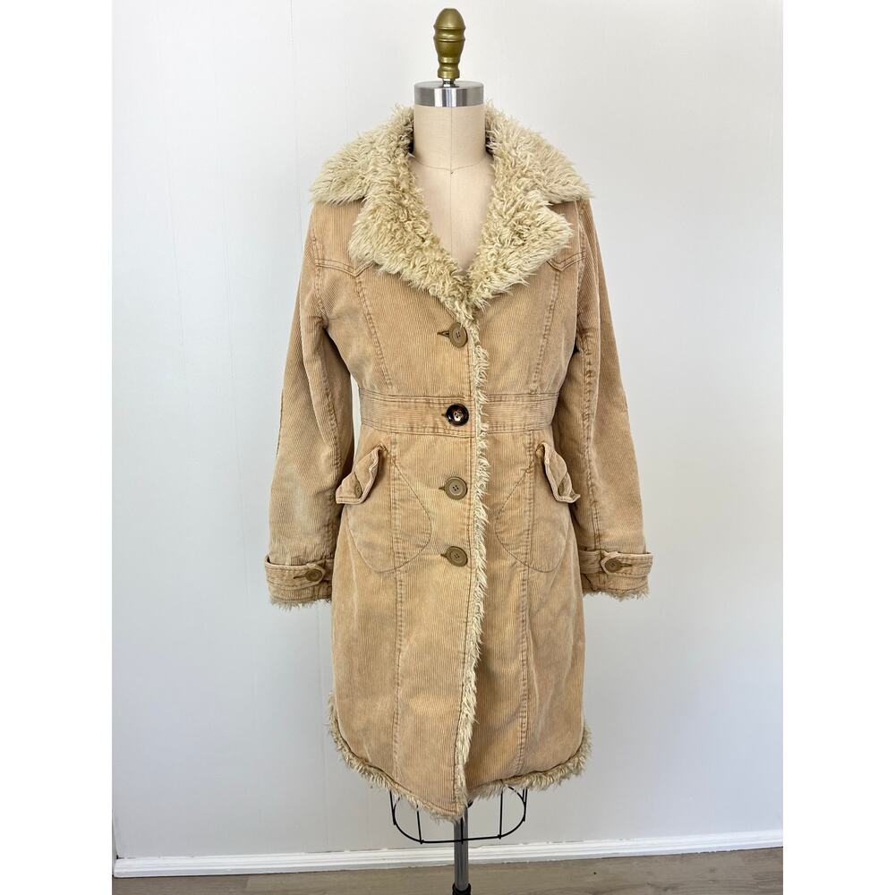 Vintage 90s Y2K Steve Madden Penny‎ Lane Jacket Afghan Coat Medium Corduroy Tan